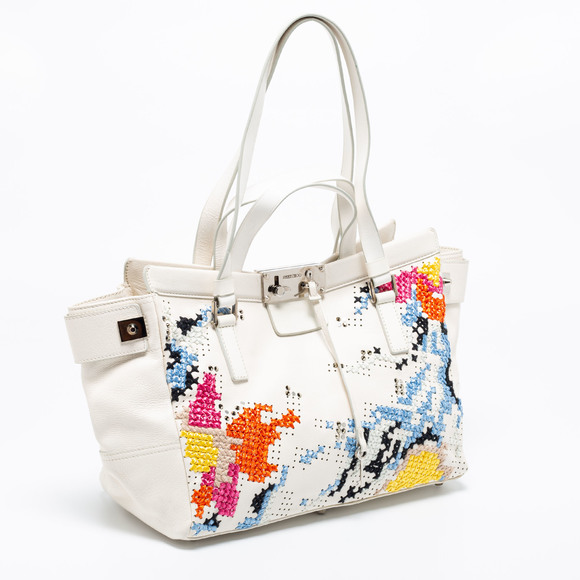 JIMMY CHOO White Cross Stitched/Embellished Leather Tote - Picture 3 of 8